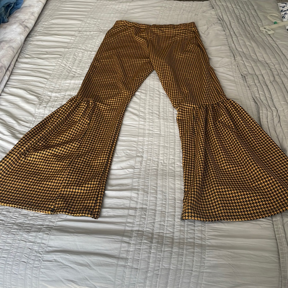 Yellow + Black stretchy flair pants (size : Large)
